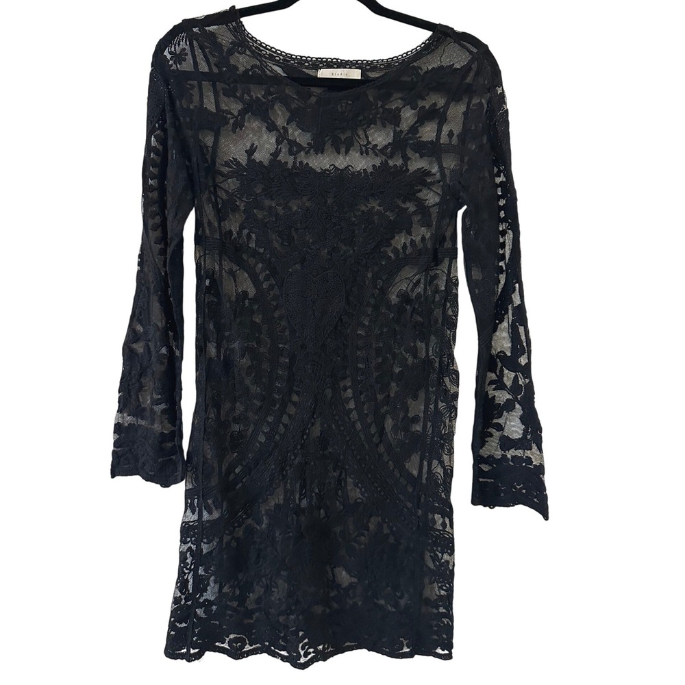 Elodie Black Sheer Floral Lace Long Sleeve Mini Dress XS Boho Goth‎ Festival